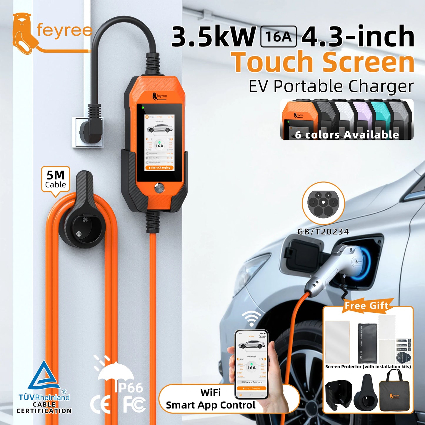 feyree GB/T EV charger 16A 3.5kW 1Phase 4.3'' Touchscreen & Smart APP OTA Version Current Adjustable for Electric Car Charger