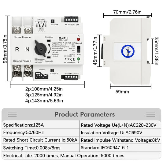 eWeLink WiFi Smart Remote Control 2/3/4P 125A AC 230V ATS Dual Power Automatic Transfer Electrical Selector Switch Uninterrupted