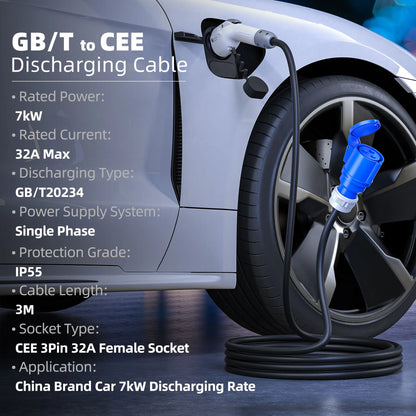 feyree V2L Cable Discharge Plug EV Charger GBT Cord 32A Charging Cable 1M /3M with CEE Socket Outdoor Power Station Electric Car