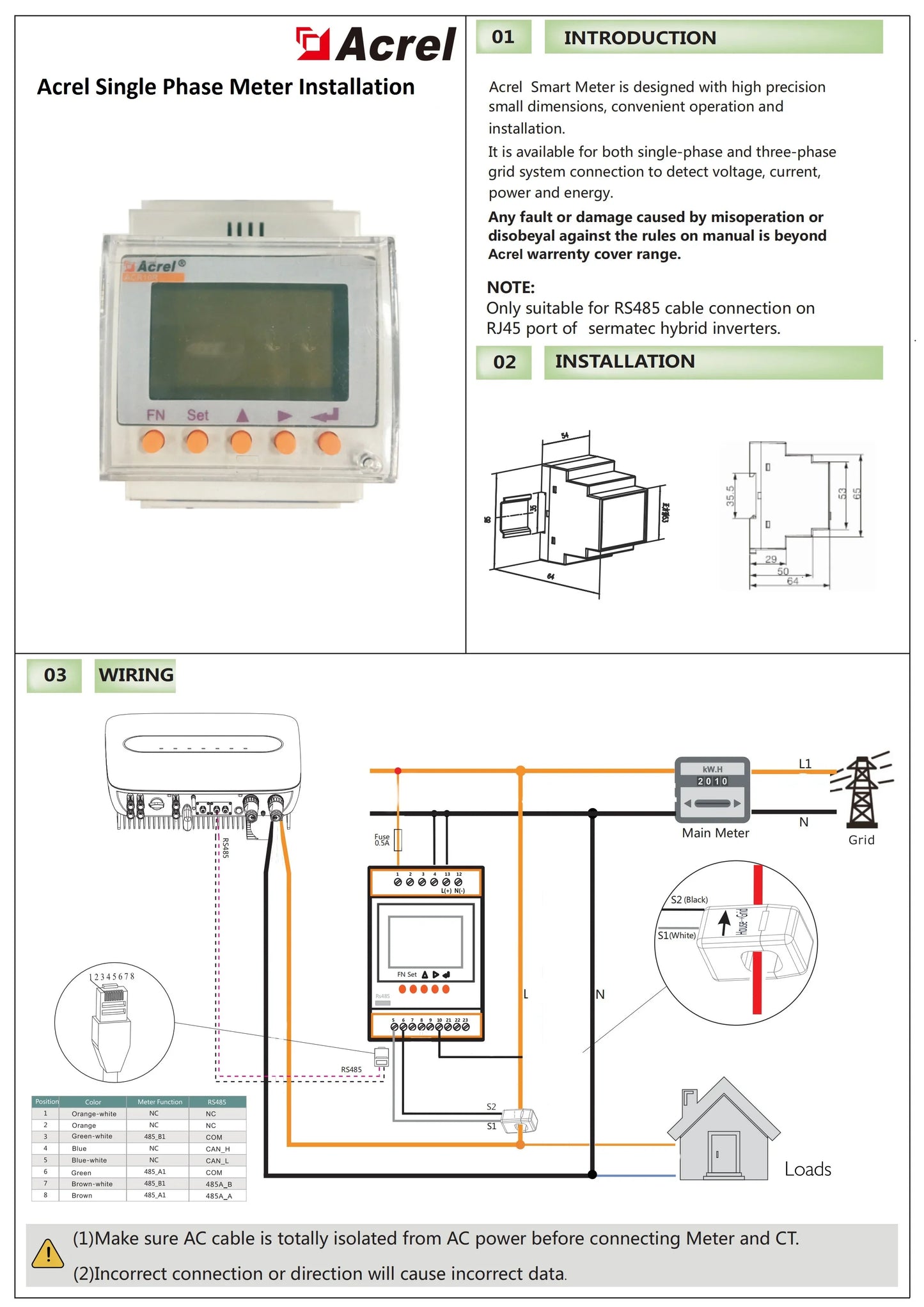 Acrel ACR10R-D16 Bidirectional Single Phase Energy Meter with 120A Split Core Ct RS485 Modbus-RTU for Solar Solis Inverter by 54Grid - Renewable Energy Store