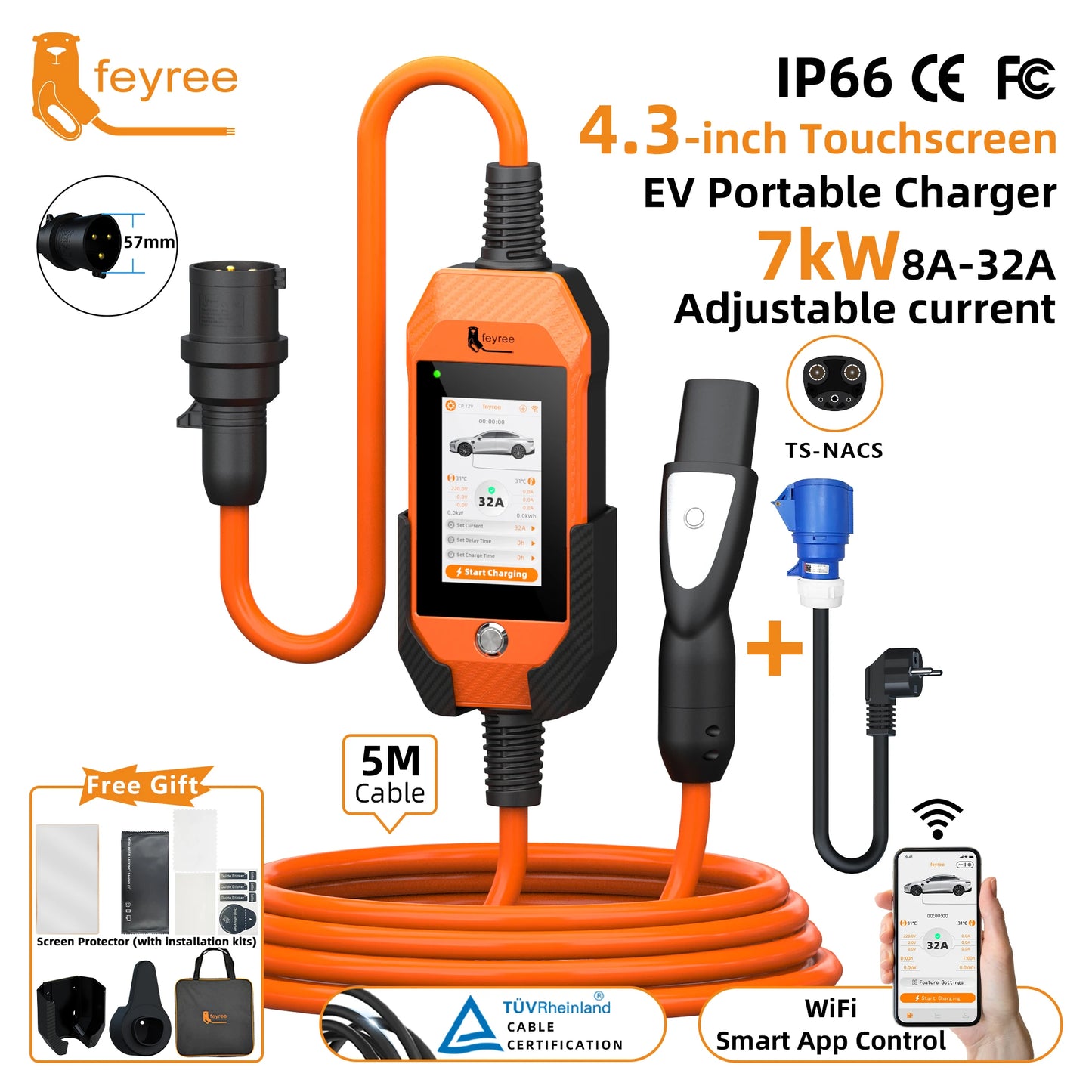 feyree 4.3Inch Touch Screen EV Charger 7kW 32A 1Phase TS-NACS Socket Smart WIFI APP Control EVSE Portable Box for Tesla EV Cars