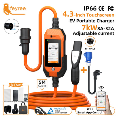 feyree 4.3Inch Touch Screen EV Charger 7kW 32A 1Phase TS-NACS Socket Smart WIFI APP Control EVSE Portable Box for Tesla EV Cars