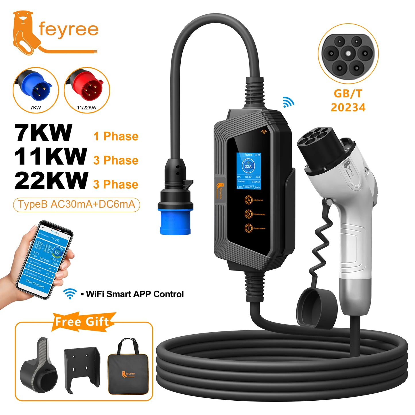 feyree GBT Socket  22KW 11KW 3P Fast Smart Charging APP Bluetooth Version 7KW 32A 1P EVSE Portable Charging Box for Electric Car