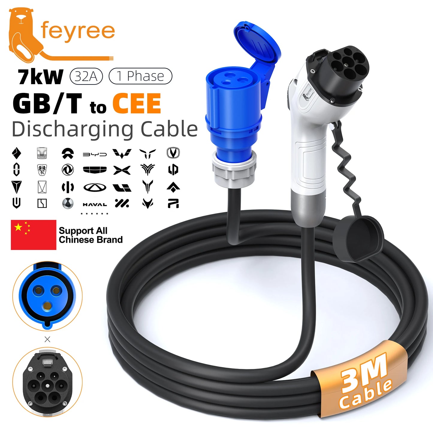 feyree V2L Cable Discharge Plug EV Charger GBT Cord 32A Charging Cable 1M /3M with CEE Socket Outdoor Power Station Electric Car