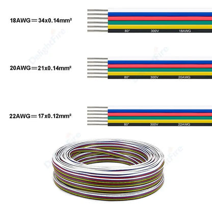 6Pin Extension Electronic Cable 22 20 18 AWG PVC Insulation for RGBWW RGB+CCT LED Strips by 54Grid - Renewable Energy Store