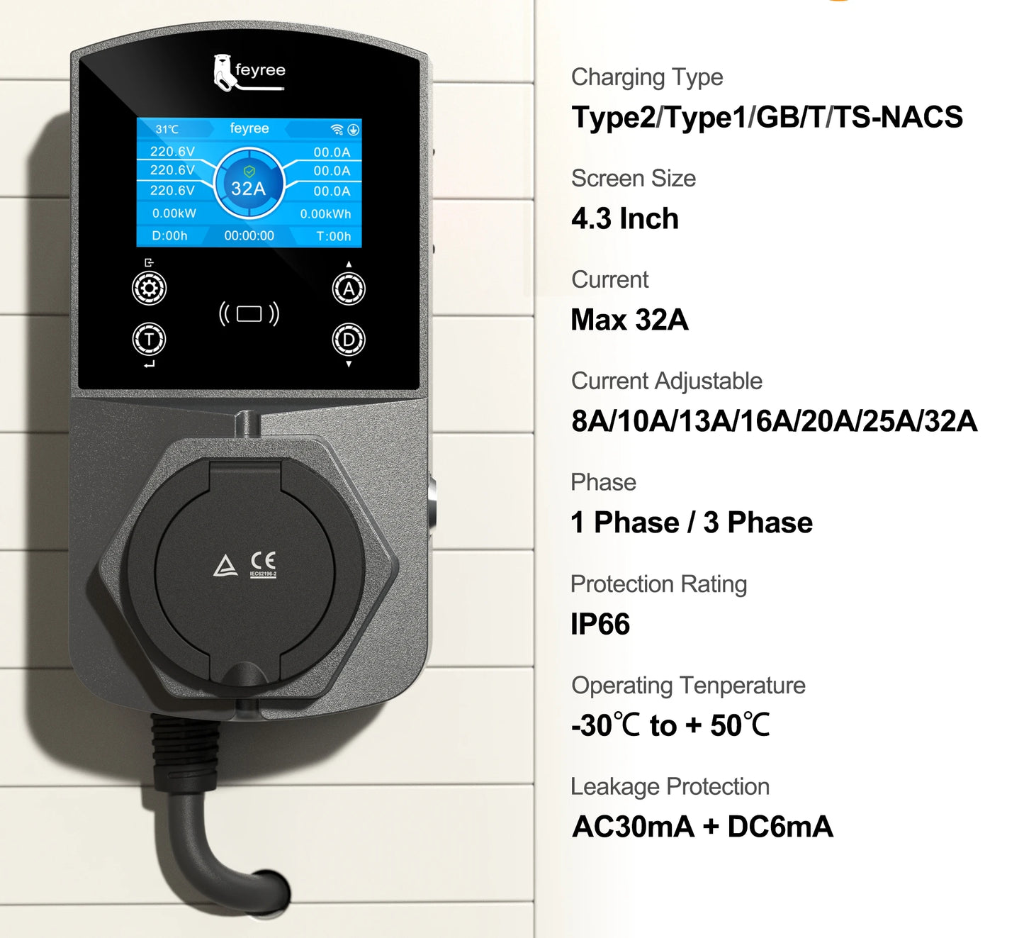 feyree Type2 EV Charger Socket Version 22KW Smart Electric Car Charger for TS-NACS Type1 GB/T Plug EVSE Wallbox WIFI APP Control