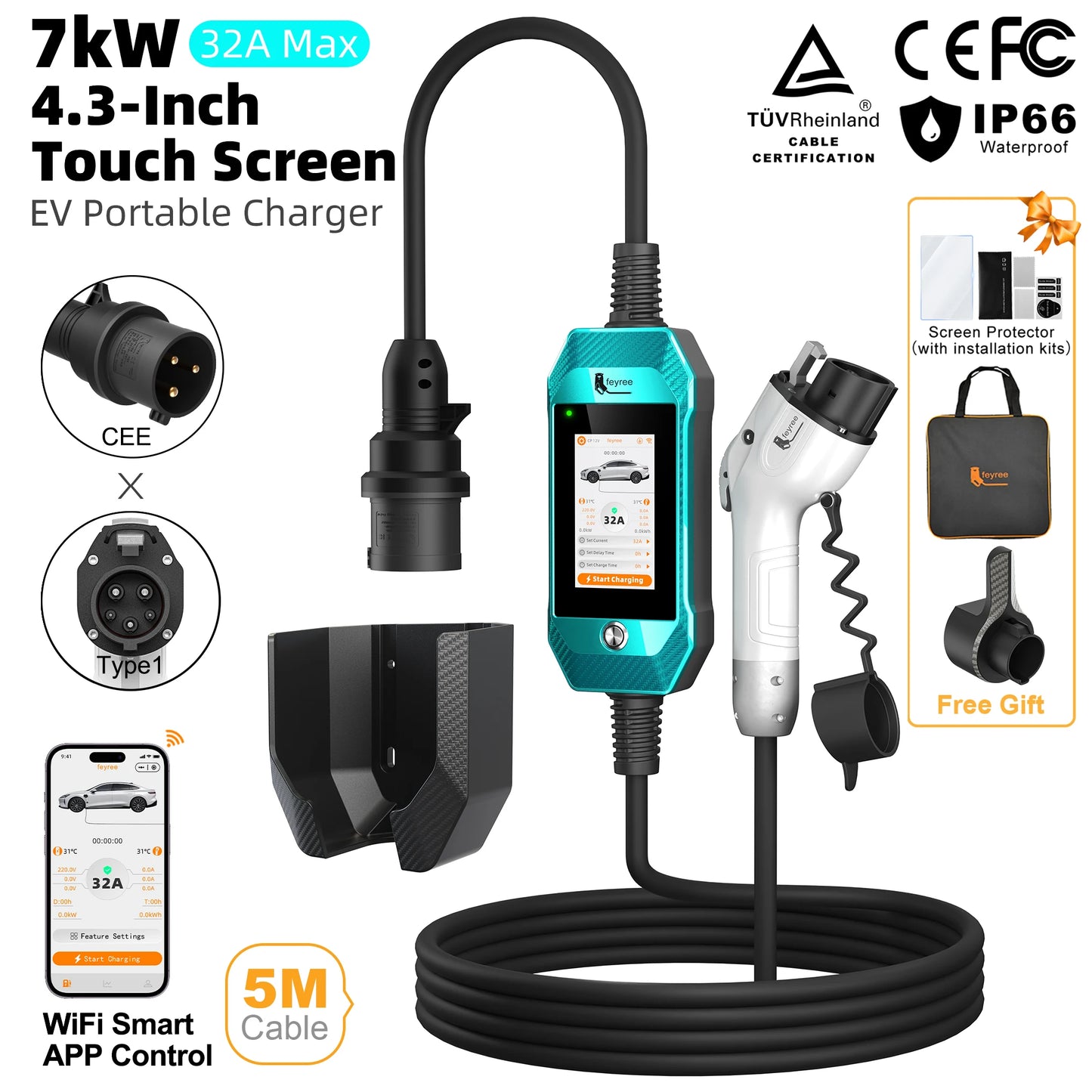 feyree EV Charger 4.3inch Touch Screen Type2 /Type1 /GBT /TS-NACS 32A 7kW 1P Portable Charger Smart APP WiFi Control for EV Cars
