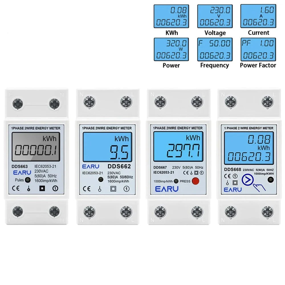 Single Phase LCD Digital Energy Meter Reset Zero kWh Voltage Current Power Consumption Counter Electric Wattmeter 220V Din Rail by 54Grid - Renewable Energy Store