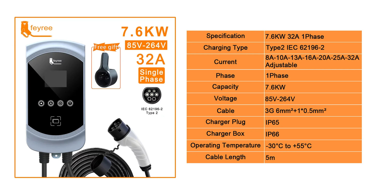 feyree Type2 EV Charger 32A 7.6KW 1Phase EVSE Wallbox 11KW 22KW 3 Phase Fast Charging Station 5m Cable for Electric Vehicle Car