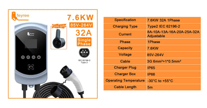 feyree Type2 EV Charger 32A 7.6KW 1Phase EVSE Wallbox 11KW 22KW 3 Phase Fast Charging Station 5m Cable for Electric Vehicle Car