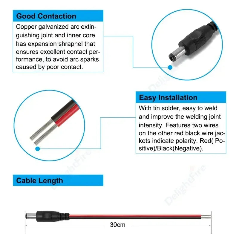 20AWG 12V 5A DC Power Pigtail Cables 5.5mm 2.1mm Jack Connector by 54Grid - Renewable Energy Store
