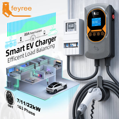 feyree GBT 22kW 32A Three Phase EV Wallbox Smart Dynamic Load Balance RFID Card APP Control EV Charging Station for Outdoor Use