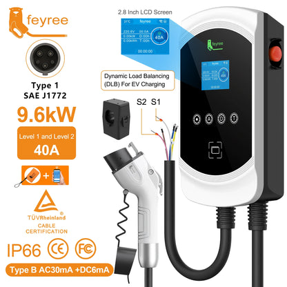 feyree DLB Function EV Charger Type1 EVSE Wallbox 32A 7.6kW 40A 9.6kW 50A 12kW 1P j1772 Socket APP Control for Electric Vehicle