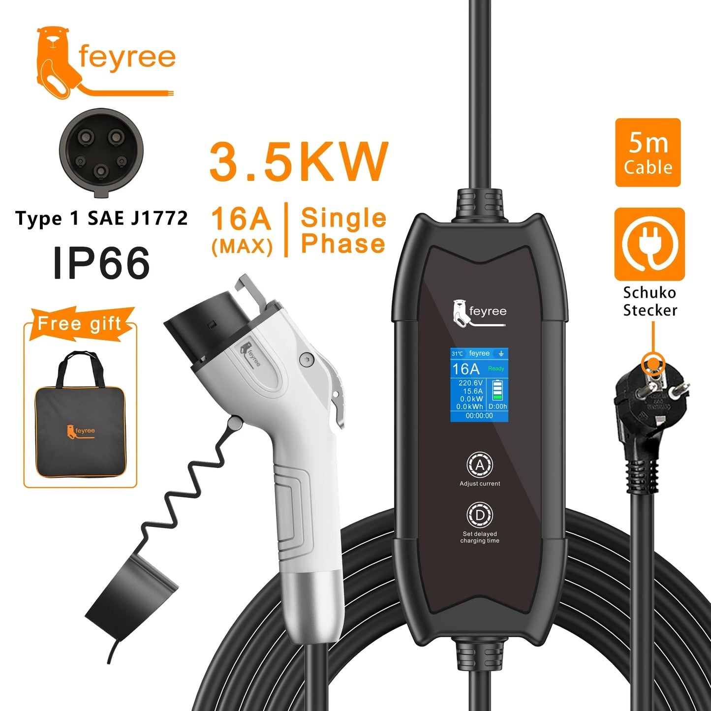 feyree EV Charger Type2 3.5KW 16A Portable Charging Box Set Current and Set Delay Time 5M Cable for Electric Vehicle Car Charger