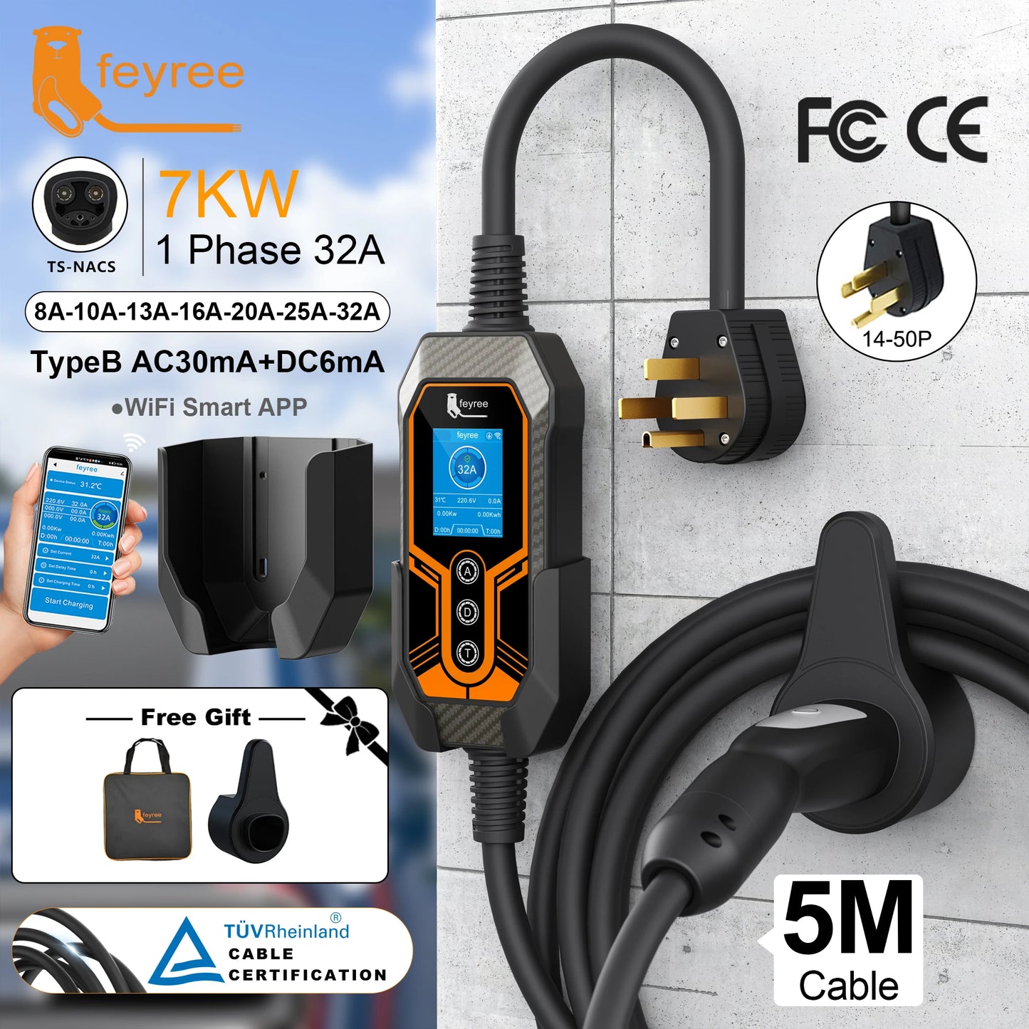 feyree EV Charger TS-NACS Socket 32A 7KW APP Control EVSE Portable Charger Box Holder Adapter Gift for Tesla Car Models 3/Y/S/X