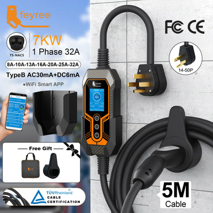 feyree EV Charger TS-NACS Socket 32A 7KW APP Control EVSE Portable Charger Box Holder Adapter Gift for Tesla Car Models 3/Y/S/X