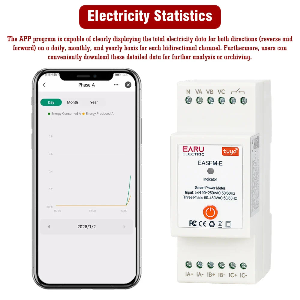 Tuya Smart WiFi Three Phase 80A AC90-480V Bi-Directional Measurement Power Energy kWh Meter Monitor 3Pcs CT Clamps Switch Relay