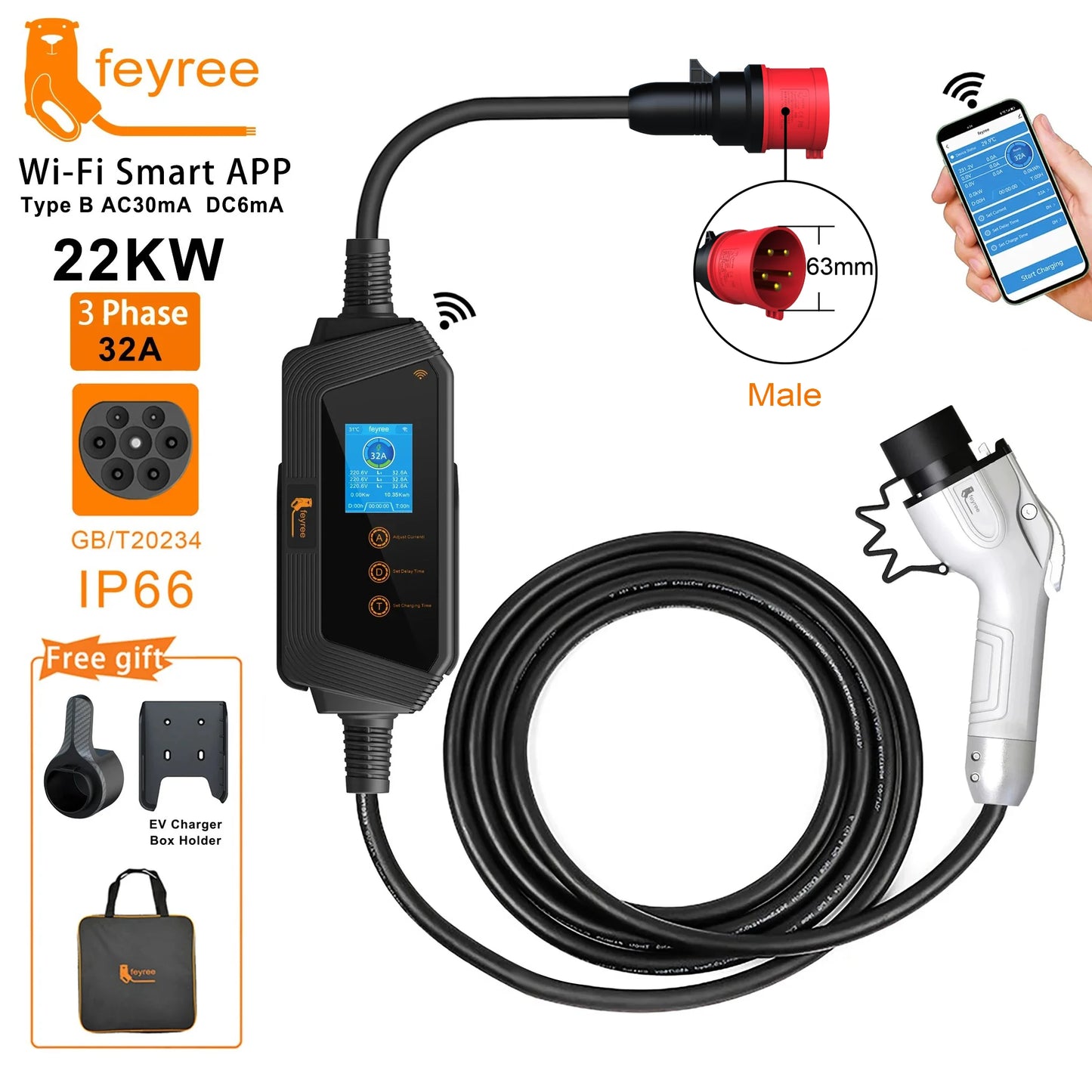 feyree Portable EV Charger GBT Plug Fast 22KW 32A 3Phase Adjusting Current Wi-Fi Smart APP Control Electric Car Charging Station