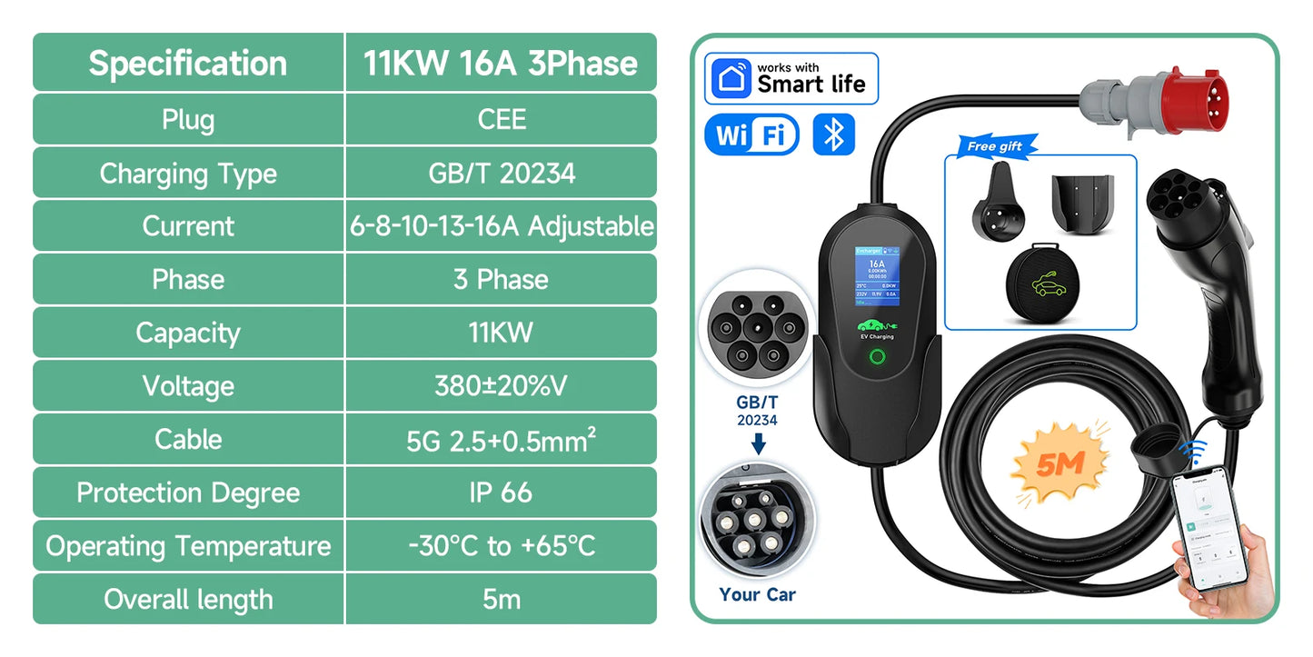 AFYEEV Type2 Portable EV Charger 11KW 16A 3 Phase GBT Electric Car Charger Wi-Fi APP Bluetooth Version Remote Control CEE Plug
