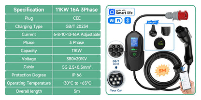 AFYEEV Type2 Portable EV Charger 11KW 16A 3 Phase GBT Electric Car Charger Wi-Fi APP Bluetooth Version Remote Control CEE Plug