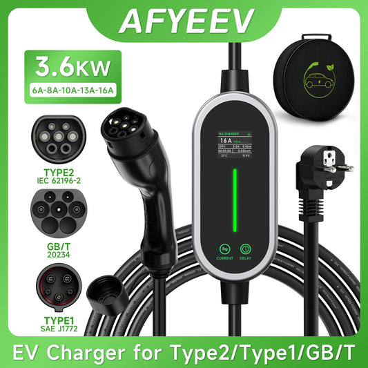 AFYEEV EV Portable Charger Type2 / GB/T Plug Connector 16A 1Phase 3.6KW Type1 3.5m Wallbox Charging Station For Electric Vehicle