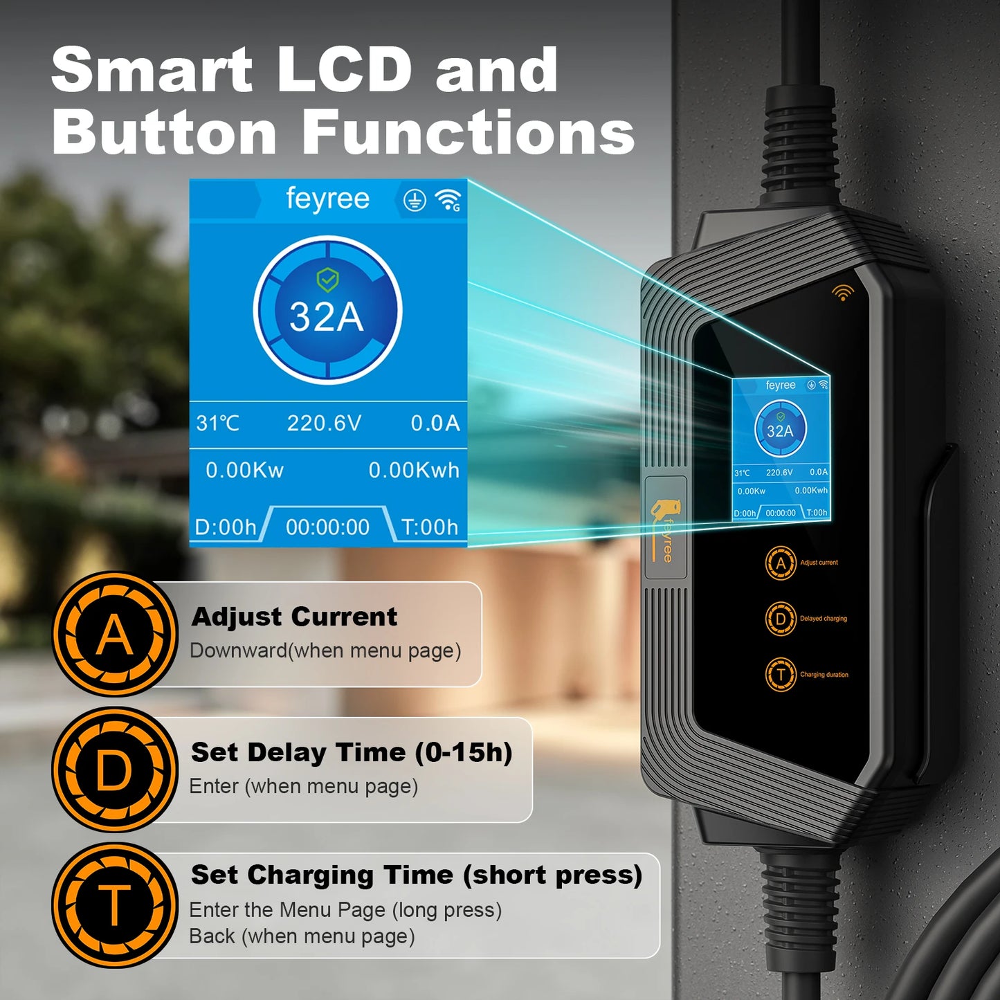 feyree Portable EV Charger with TS-NACS Connector 32A up to 50A 12kw High Power EV wallbox with APP WIFI for All Tesla Models