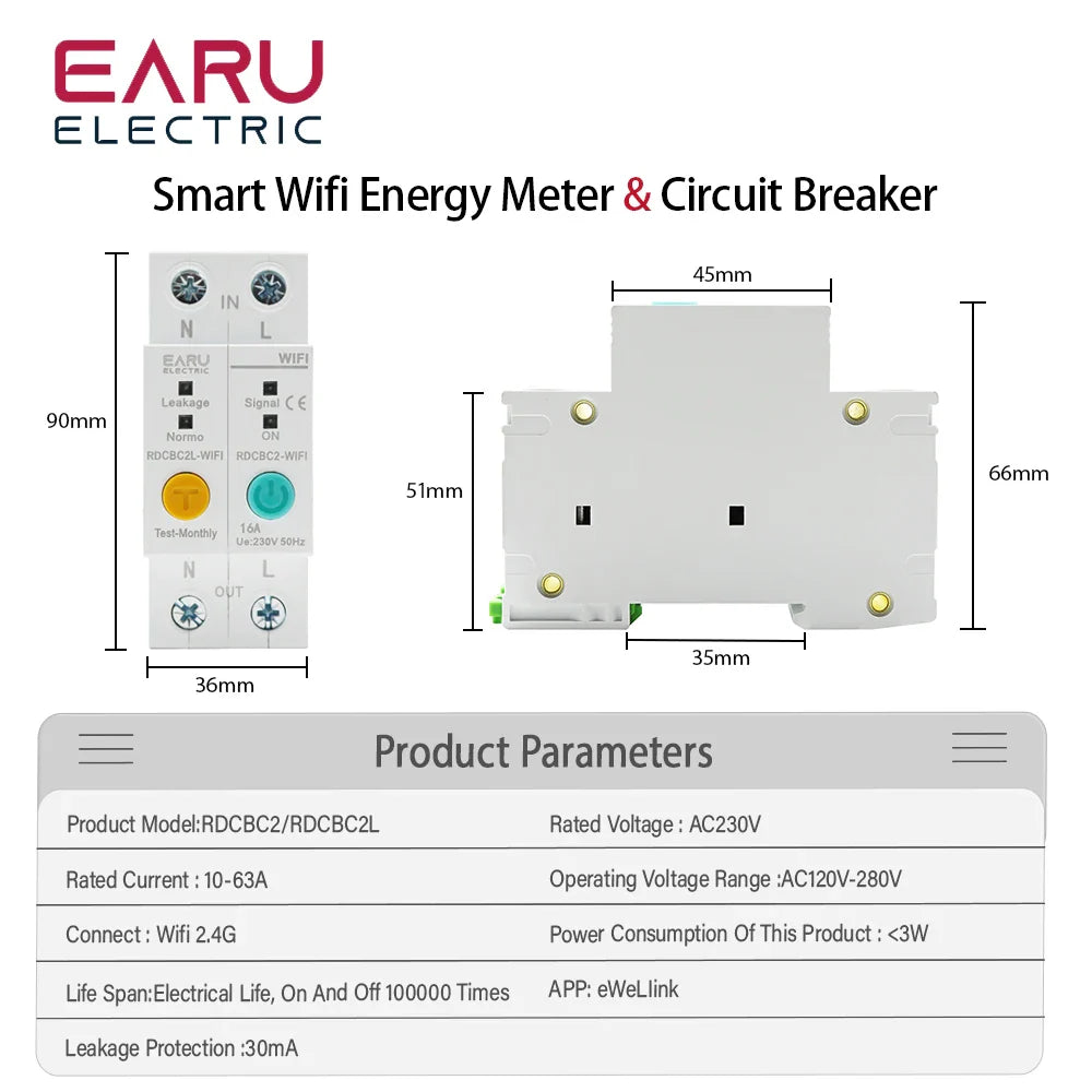 2P WIFI Circuit Breaker Energy Power kWh Meter Time Timer Switch Relay Voltmeter Current Leakage Protection RCBO Remote Control by 54Grid - Renewable Energy Store