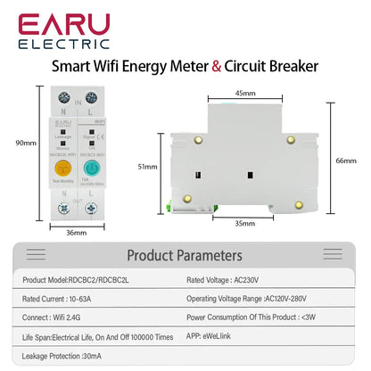 2P WIFI Circuit Breaker Energy Power kWh Meter Time Timer Switch Relay Voltmeter Current Leakage Protection RCBO Remote Control by 54Grid - Renewable Energy Store