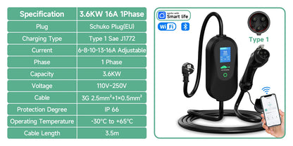 AFYEEV 3600W Portable Type2 IEC62196-2 EV Charger Type1 SAE J1772 Electric Car Charger GBT EVSE Charging Cable WiFi Bluetooth