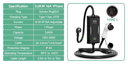 AFYEEV 3.6KW 16A Portable EV Charger Type2 IEC62196-2 EVSE Charging Cable Type1 SAE J1772 EU Plug Wallbox for Electric Car