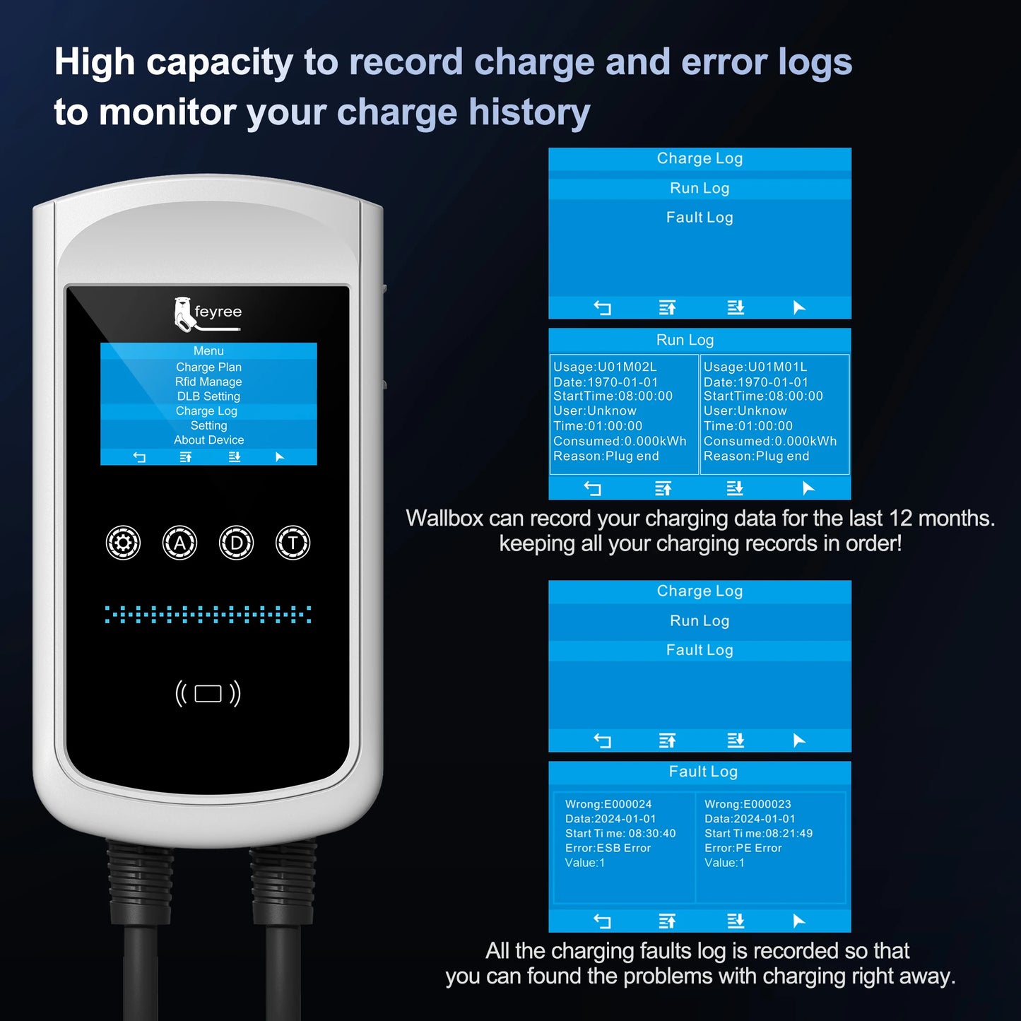 feyree Type2 EV Charger 4.3inch Screen 32A 7.6kW Dynamic Load Balancing 11kW 22kW 3Phase EVSE Wallbox APP with Charge History