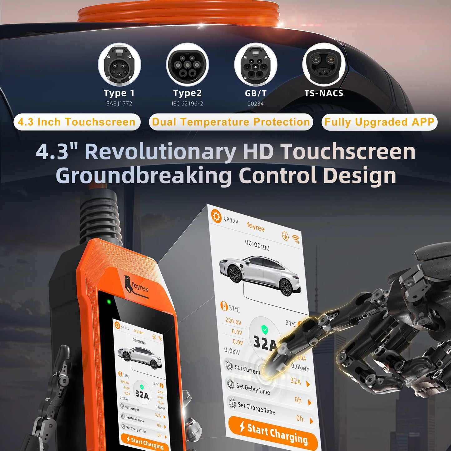 feyree EV Charger 32A 7kW 1P 4.3inch Touch Screen Type2 /Type1 /GBT /TS-NACS Portable Charger Smart APP WiFi Control for EV Cars