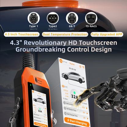 feyree EV Charger 32A 7kW 1P 4.3inch Touch Screen Type2 /Type1 /GBT /TS-NACS Portable Charger Smart APP WiFi Control for EV Cars