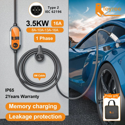 feyree Type2 3.5KW 16A 1Phase Portable EV Charger EVSE Charging Cable 5m Schuko Plug Current Adjustable for Electric Car Charger by 54Grid - Renewable Energy Store