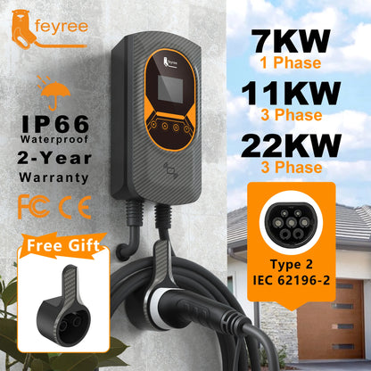 feyree EV Charger Type2 32A 7.6kW EVSE Wallbox 2.8inch Screen Current Adjustable Wallmounted Charging Station for Electric Car