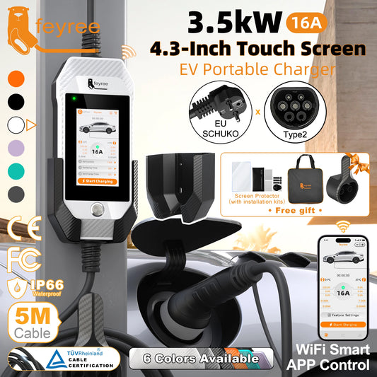 feyree Portable EV Charger 3.5kW 16A Type 2 | 4.3" Touchscreen, WiFi APP Control, Charge History | 5M Cable for Electric Vehicle