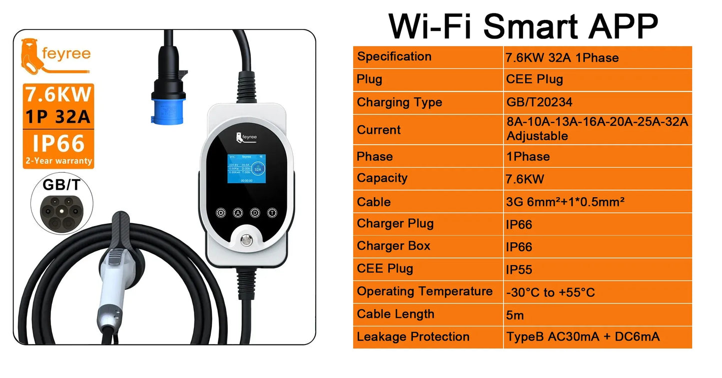 feyree EV Charger GB/T Socket 7KW 32A EVSE Wallbox APP Bluetooth Version Set Charging Time & Delay Time for Electric Vehicle Car