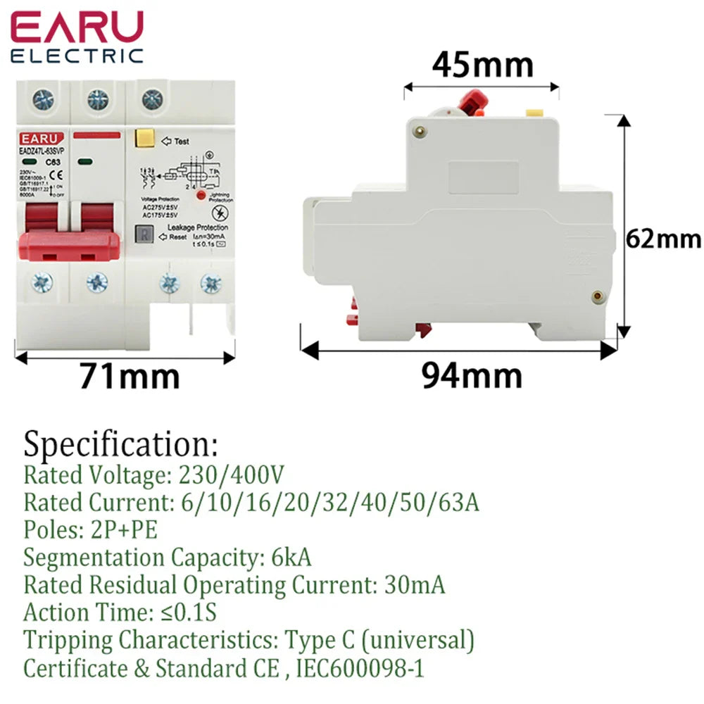 230V 2P SPD Residual Current Circuit Breaker With Overload Overvoltage RCBO RCCB With Lightning Protection MCB Leakage Protector by 54Grid - Renewable Energy Store