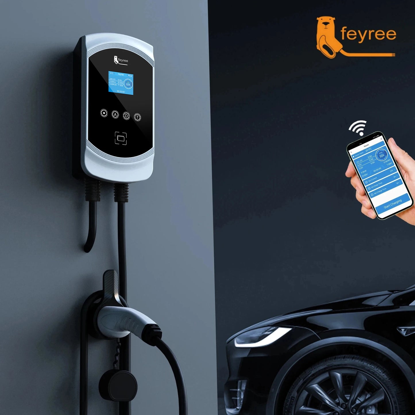 feyree EV Charger 32A 22KW 3Phase 11KW 16A Electric Car Charger EVSE Wallbox 7.6KW 32A Type2 Cable IEC62196-2 Socket APP Control