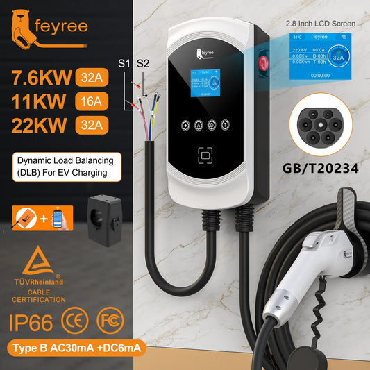 feyree GB/T Socket 32A 7KW 1P EV Charger 16A 11KW 3P 22KW APP Control DLB Charging Station for Electric Vehicle EVSE Wallbox by 54Grid - Renewable Energy Store