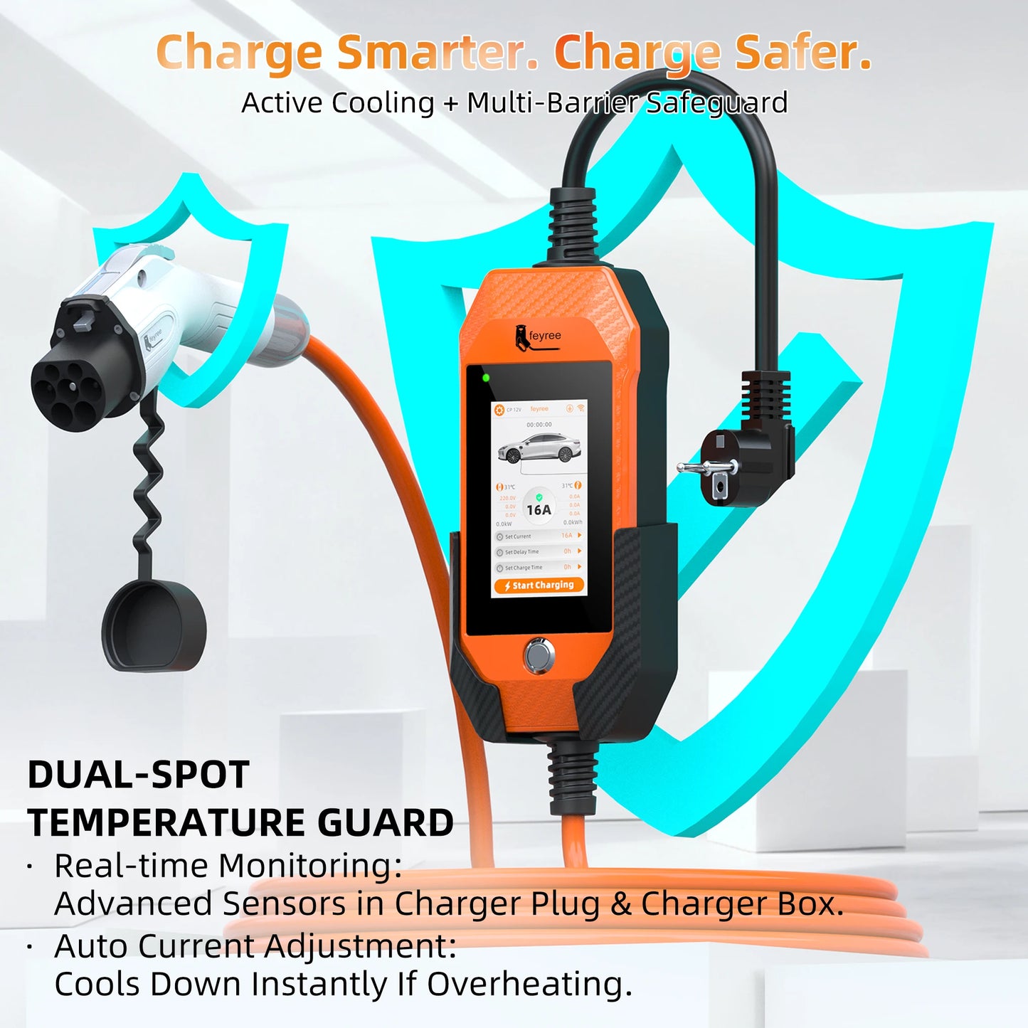 feyree GB/T EV charger 16A 3.5kW 1Phase 4.3'' Touchscreen & Smart APP OTA Version Current Adjustable for Electric Car Charger