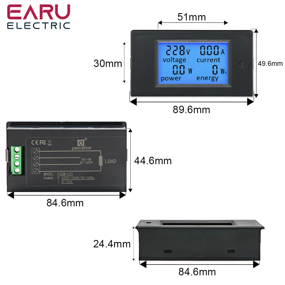 20A 100A AC 80-260V DC 6.5-100V Digital LED Display Voltmeter Ammeter Wattmeter Power Energy Meter 12V 24V 110V 220V Volt Tester by 54Grid - Renewable Energy Store