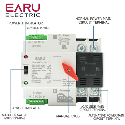 2/3/4P 100A 110V/220V Mini ATS Automatic Transfer Switch Electrical Selector Switches Dual Power Switch PV Solar Energy Din Rail by 54Grid - Renewable Energy Store