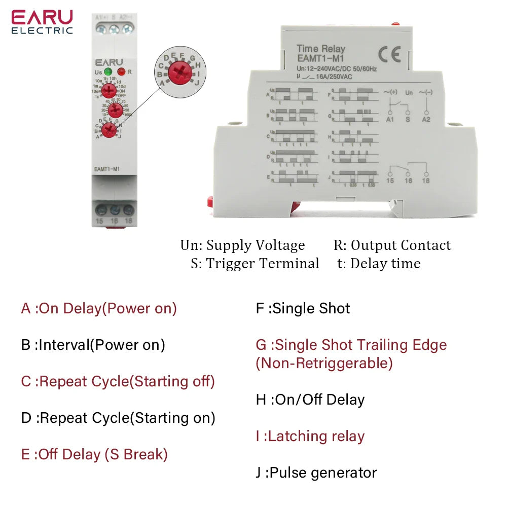12-240VAC/DC Din Rail Type 0.1 second -10 days Time Delay Relay 16A/250VAC Multifunction Timer Relay with 10 Function Choices by 54Grid - Renewable Energy Store