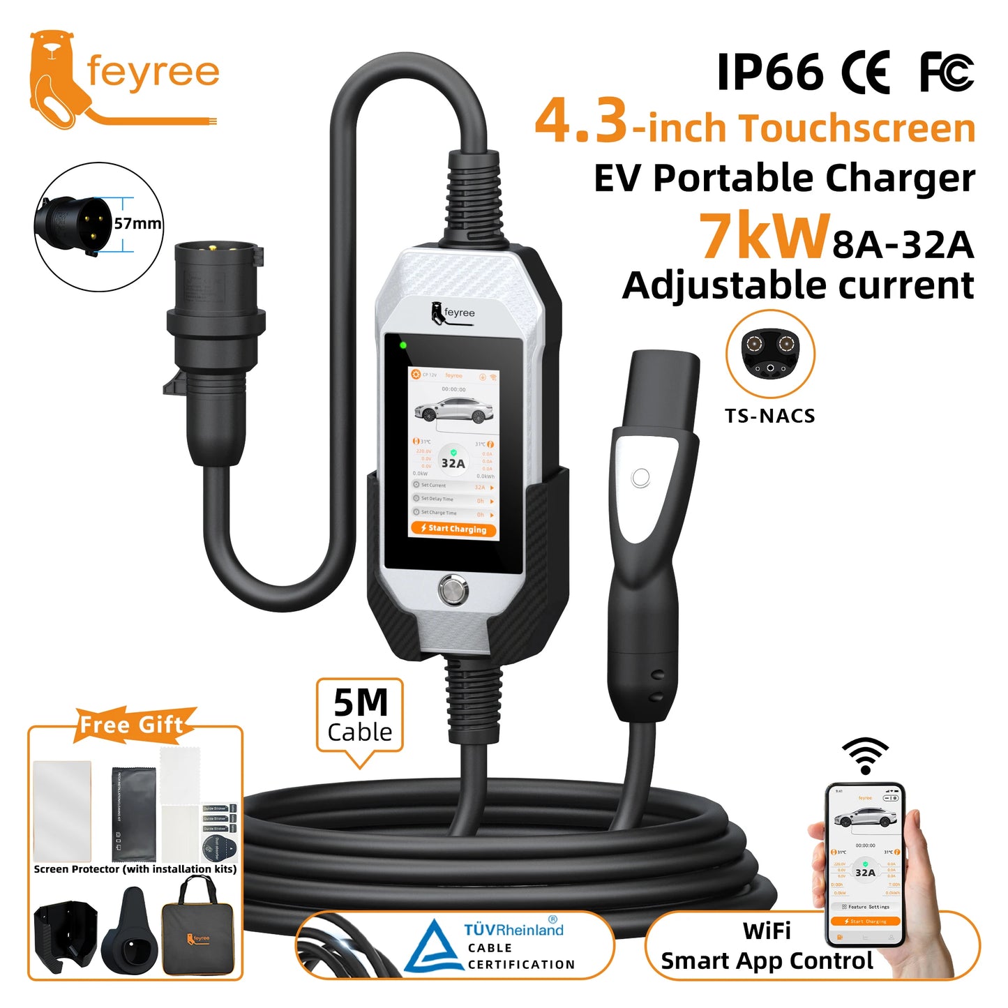 feyree 4.3Inch Touch Screen EV Charger 7kW 32A 1Phase TS-NACS Socket Smart WIFI APP Control EVSE Portable Box for Tesla EV Cars
