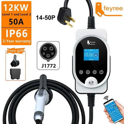 feyree EV Charger Type1 Plug 32A 40A 50A Fast Charging EVSE Wallbox for Electric Car Charging Station Adjust Current & Set Delay