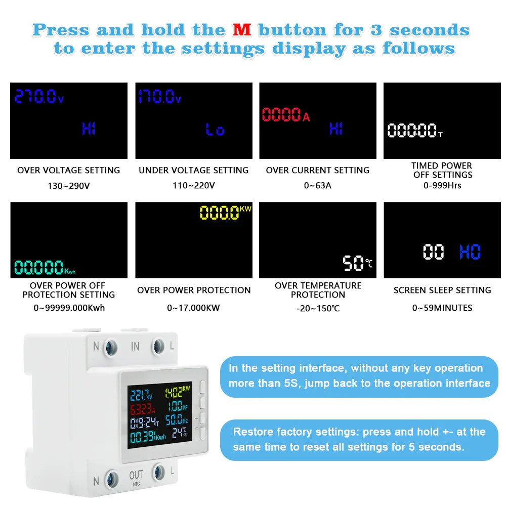 TUYA WiFi Smart Power Meter Over Under Voltage Protection Relay Switch Circuit Breaker Energy kWh Temperature Meter Smart Life by 54Grid - Renewable Energy Store