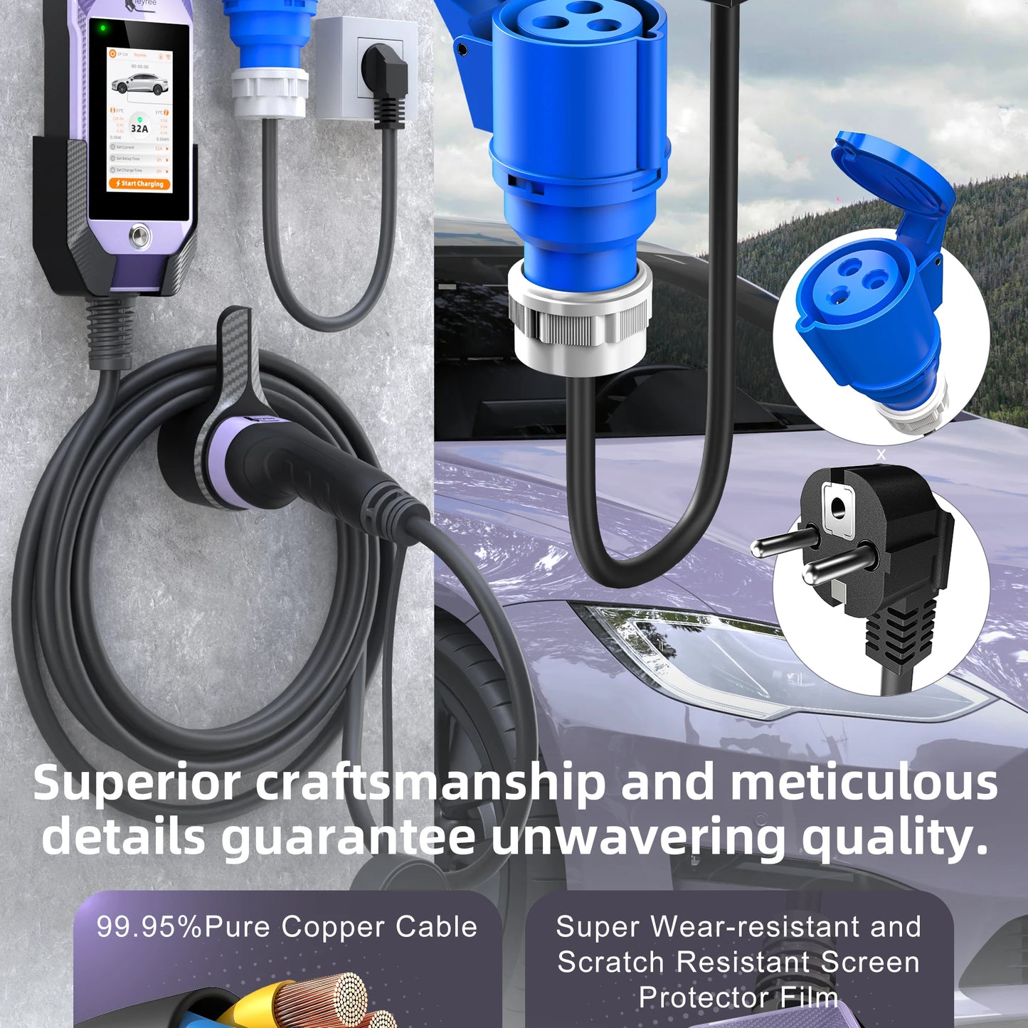 feyree Type2 /Type1 /GBT /TS-NACS 4.3inch Touch Screen EV Charger 32A 7kW 1P Portable Charger Smart APP WiFi Control for EV Cars