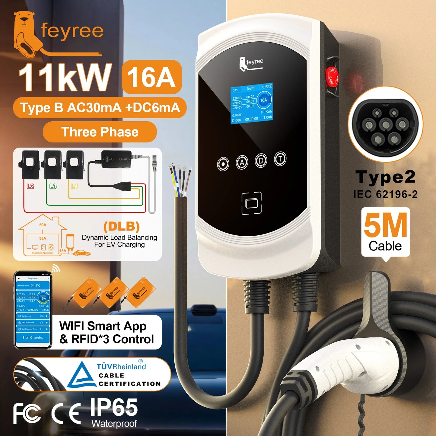 feyree EV Charger Type2 Cable 32A 7.6kW Dynamic Load Balancing EVSE Wallbox APP Function 11kW 22kW Charging Station Electric Car