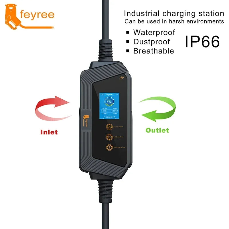 feyree Type1 Portable EV Charger 7KW 32A 1Phase J1772 Socket with 5m Cable Smart APP WIFI Control Version for Electric Vehicle by 54Grid - Renewable Energy Store